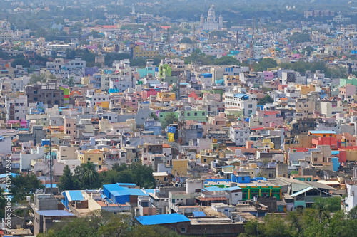 Aerial view of the colourful housing in the city of Trichy in Tamil Nadu state, India