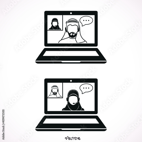 Home office in quarantine times. Digital communication. Internet teaching media. Video conference icon. People on computer screen. Black flat icon isolated on a black background.  