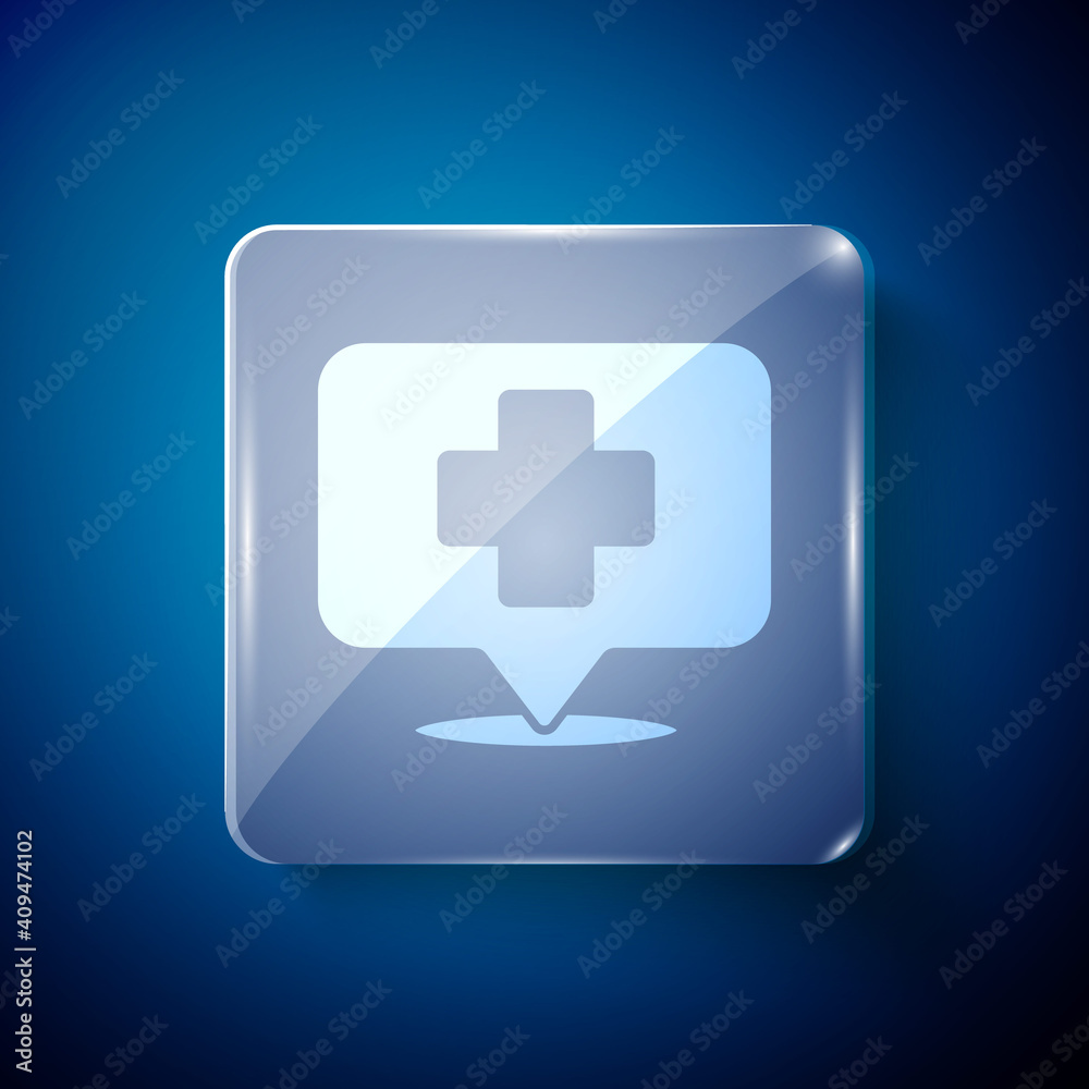 White Medical map pointer with cross hospital icon isolated on blue background. Square glass panels. Vector Illustration. White Medical map pointer with cross hospital icon isolated on blue background. Square glass panels. Vector Illustration.