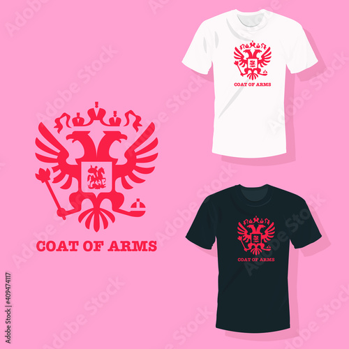 Coat of arms red logo symbol with two eagles on either side with wings T shirt clothing fashion design