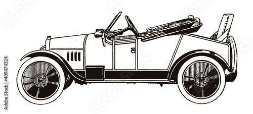 Antique two-seater cyclecar with dickey seat in side view, after illustration from early 20th century
