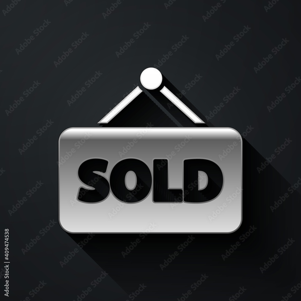 Silver Hanging sign with text Sold icon isolated on black background. Sold sticker. Sold signboard. Long shadow style. Vector Illustration. Silver Hanging sign with text Sold icon isolated on black background. Sold sticker. Sold signboard. Long shadow style. Vector Illustration.