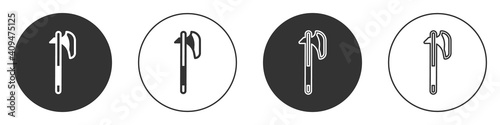 Black Medieval axe icon isolated on white background. Battle axe, executioner axe. Medieval weapon. Circle button. Vector.