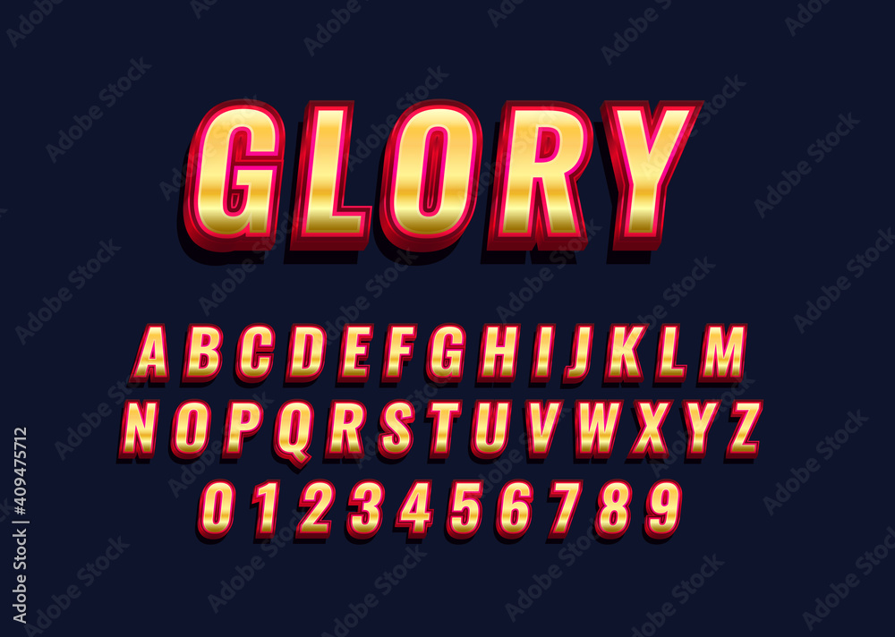 Glory gold red font effect. Set of alphabet character and number in gold metal style for logo template, typography headline, poster, game logo
