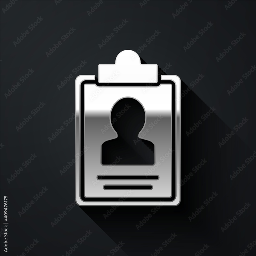 Silver Clipboard with resume icon isolated on black background. CV application. Curriculum vitae, job application form with profile photo. Long shadow style. Vector. Silver Clipboard with resume icon isolated on black background. CV application. Curriculum vitae, job application form with profile photo. Long shadow style. Vector.