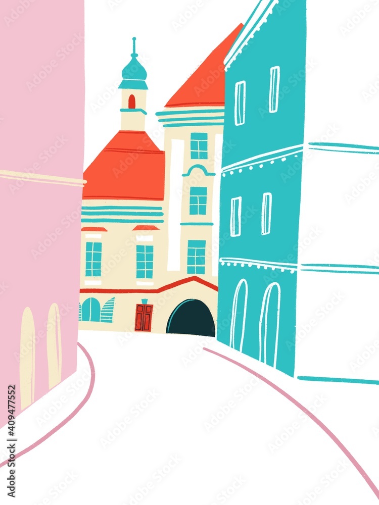 Landscape poster illustration. Abstract bildings and people. Travel illustration postcard. Sketch architecture.