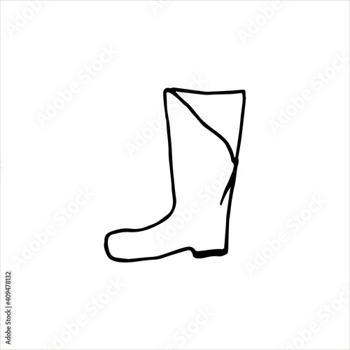 Vector illustration in doodle style of single rubber boot. Camping, hiking, fishing equipment icon. Water-resistant boot to work in garden. For stickers, web, print, flyers, children's coloring books
