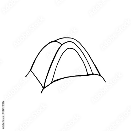 Vector illustration of camping tent in doodle style. Tourist icon for summer camp flyers  prints  stickers  web  posters  stationery  travel blog design  tourism postcard. Hiking and picnic equipment