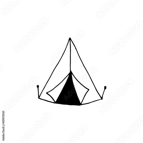 Vector illustration of camping tent in doodle style. Tourist icon for summer camp flyers, prints, stickers, web, posters, stationery, travel blog design, tourism postcard. Hiking and picnic equipment
