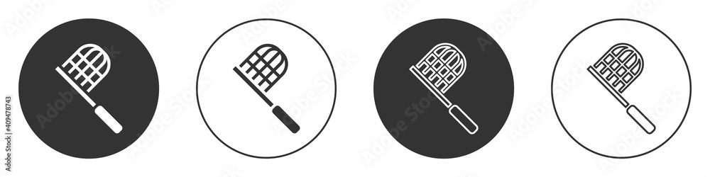 Black Butterfly net icon isolated on white background. Circle button. Vector. Black Butterfly net icon isolated on white background. Circle button. Vector.