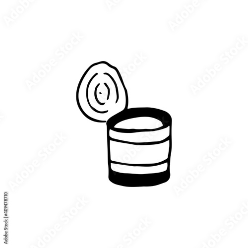 Vector doodle illustration of camping canned food. Opened tin can. Picnic on the fresh air. Food purveyance. Hiking essential. For coloring pages, stationery, print, poster, stickers, travel blog icon