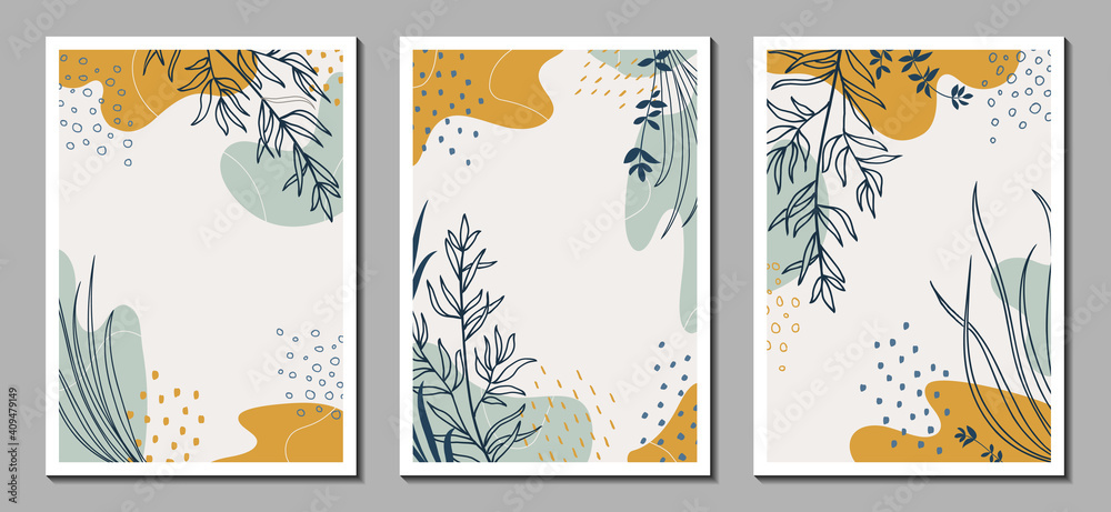 Botanical wall art. Abstract organic vector shapes, leaves, plants. Set of natural template, cover, poster, greeting card, frame, background in doodle style. Simple, stylish, minimal design. 