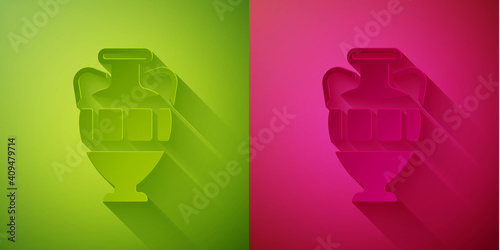 Paper cut Ancient amphorae icon isolated on green and pink background. Paper art style. Vector.