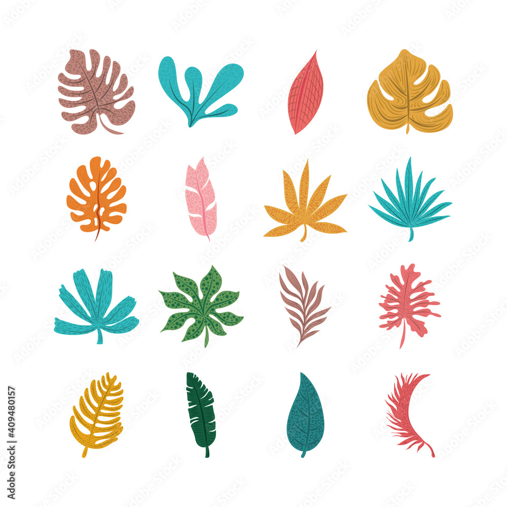 tropical leaf foliage greenery plants icon set flat design