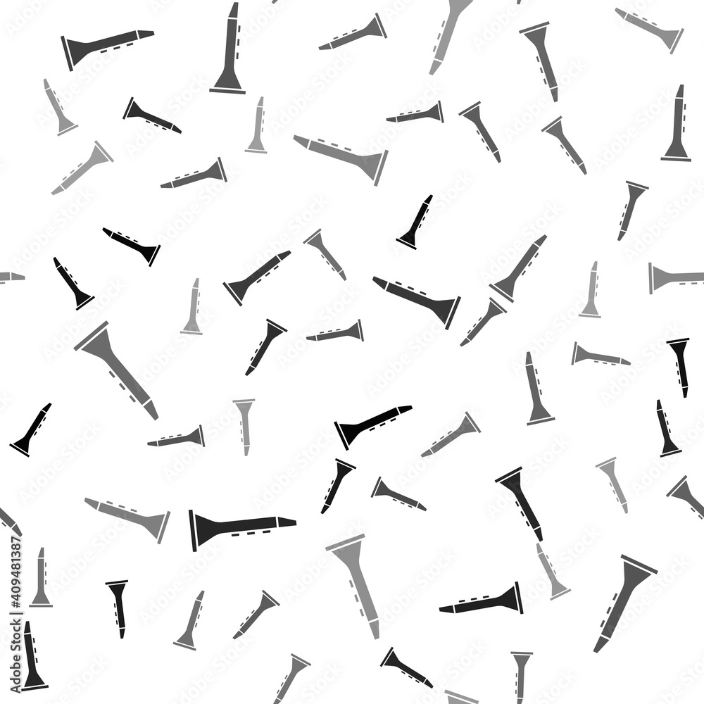 Black Clarinet icon isolated seamless pattern on white background. Musical instrument. Vector.