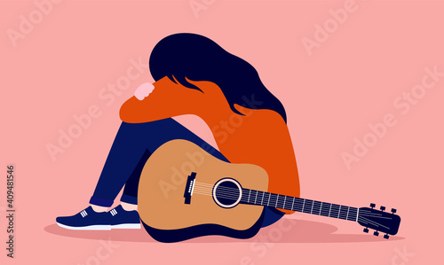 Sad girl with guitar sitting on floor - Musician writers block concept. Vector illustration.