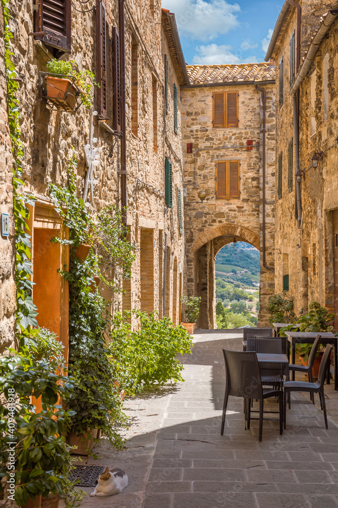 Alley in the medieval village of Castelnuovo dell'Abate, Tuscany, Italy