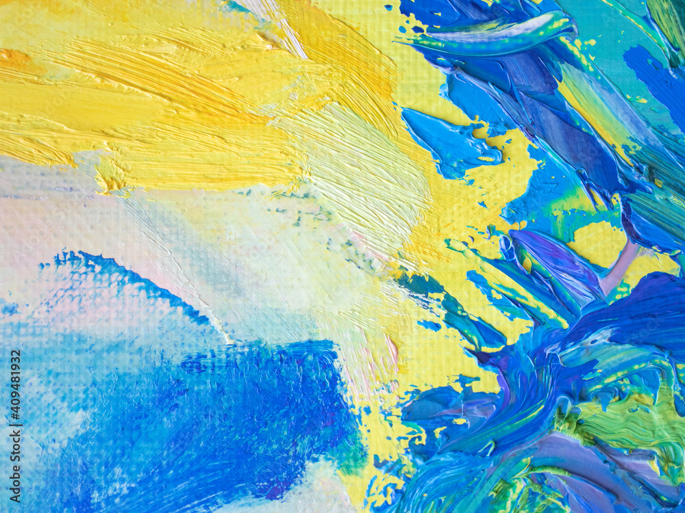 Blue and yellow wallpaper. Brush and palette knife strokes splashes of turquoise blue and yellow paint. Abstract wellness and creativity concept background.