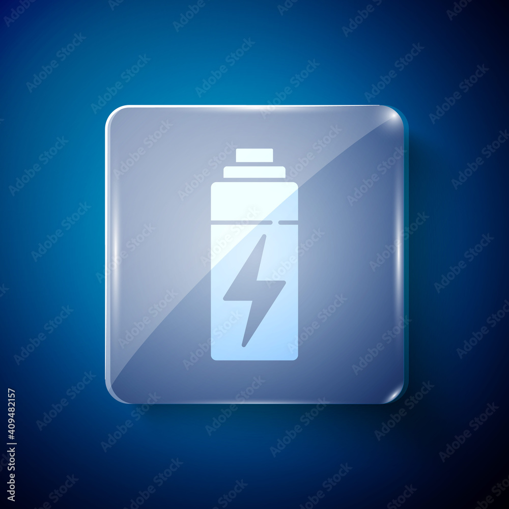 White Battery icon isolated on blue background. Lightning bolt symbol. Square glass panels. Vector. White Battery icon isolated on blue background. Lightning bolt symbol. Square glass panels. Vector.