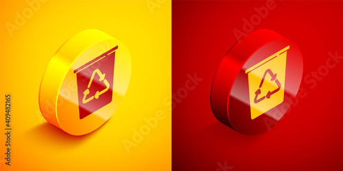 Isometric Recycle bin with recycle symbol icon isolated on orange and red background. Trash can icon. Garbage bin sign. Recycle basket sign. Circle button. Vector.