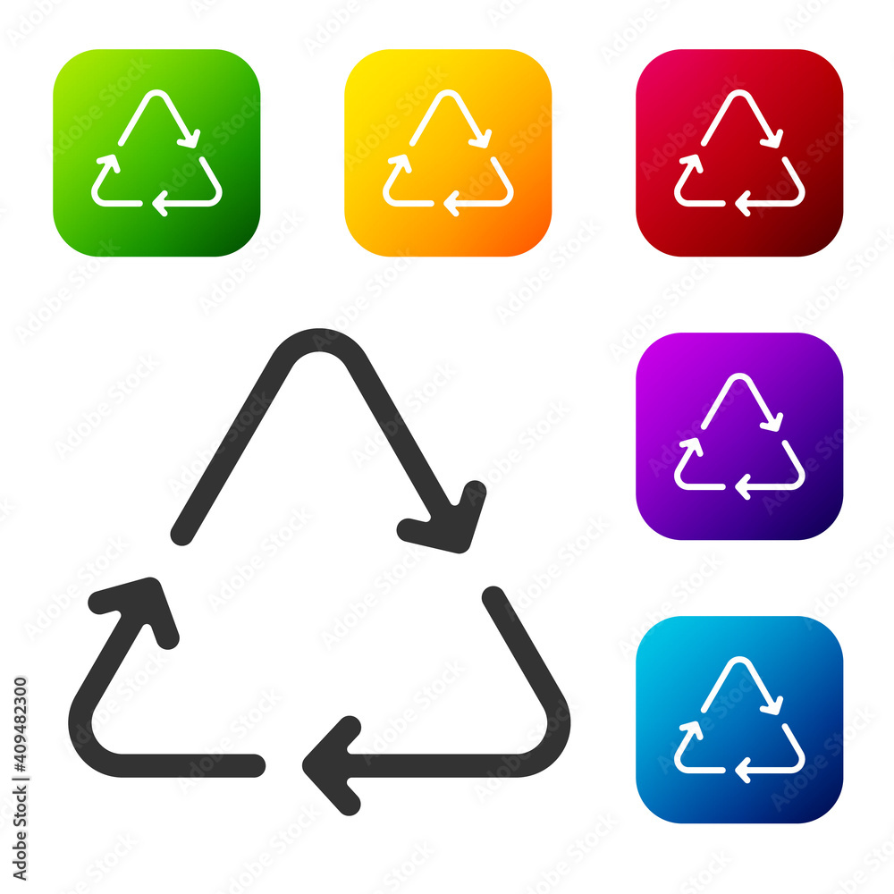 Black Recycle symbol icon isolated on white background. Circular arrow icon. Environment recyclable go green. Set icons in color square buttons. Vector. Black Recycle symbol icon isolated on white background. Circular arrow icon. Environment recyclable go green. Set icons in color square buttons. Vector.