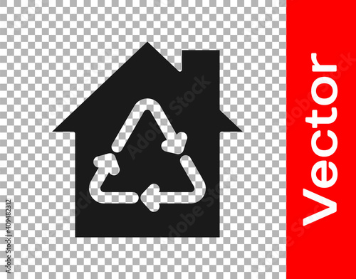 Black Eco House with recycling symbol icon isolated on transparent background. Ecology home with recycle arrows. Vector.