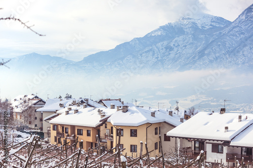 Snowy Trentino landscape with vineyards, residential buildings and Alps on background