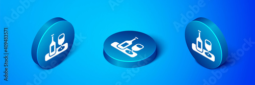 Isometric Wine bottle with glass icon isolated on blue background. Blue circle button. Vector.