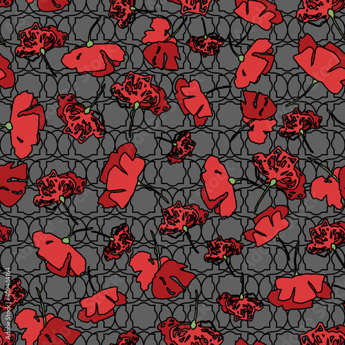 Red poppies seamless vector pattern on gray. Surface print design for fabrics, stationery, scrapbook paper, gift wrap, textiles, backgrounds, and packaging.