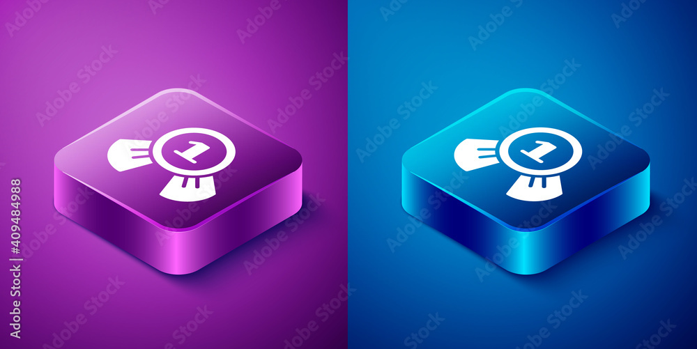 Isometric Medal icon isolated on blue and purple background. Winner symbol. Square button. Vector. Isometric Medal icon isolated on blue and purple background. Winner symbol. Square button. Vector.