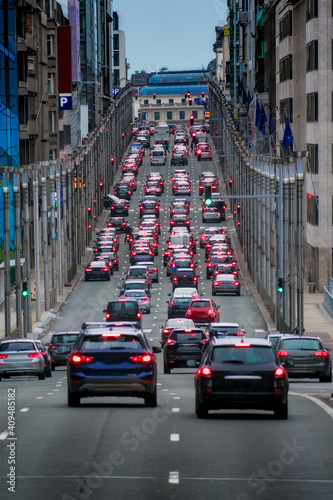 Traffic jam on Rue de la Loi, Brussels, Belgium.