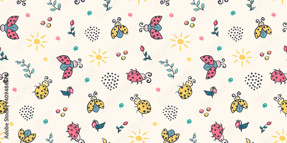 Cute ladybug seamless pattern. Ladybird cartoon character childrens illustration. Lady-beetle floral summer vector pattern with insects, sun, plants for kids, baby, textile, fabric, packaging