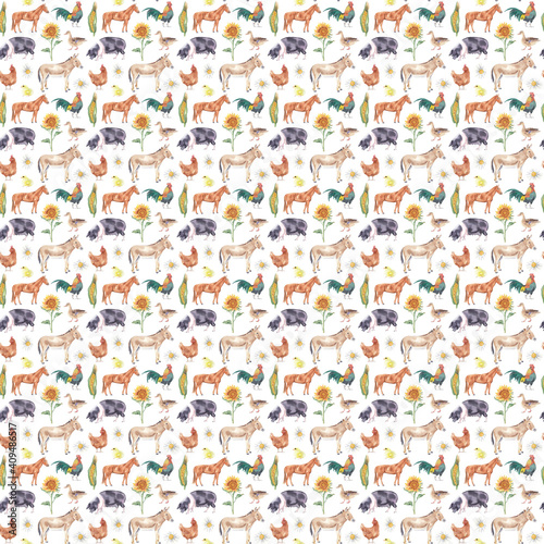 Watercolor seamless pattern with cute farm animals. Hand drawn hand painted realistic watercolor  illustrations. Great for background, textile, fabric, paper design and scrapbooking.  © Liudmila