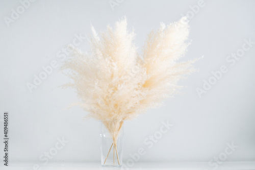 Dry fluffy cereal bouquet in a glass in a center over white background.