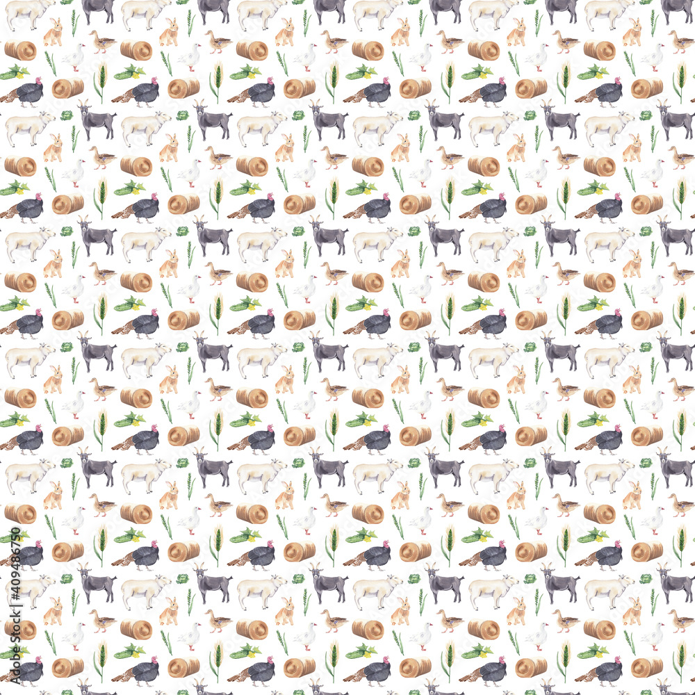 Watercolor seamless pattern with cute farm animals. Hand drawn hand painted realistic watercolor  illustrations. Great for background, textile, fabric, paper design and scrapbooking. 