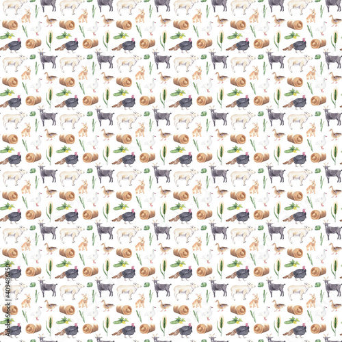 Watercolor seamless pattern with cute farm animals. Hand drawn hand painted realistic watercolor illustrations. Great for background, textile, fabric, paper design and scrapbooking. 