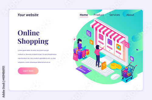 Modern flat isometric design concept of Online Shopping. Young Women buying products in the online store for website and mobile website. Landing page template. vector illustration