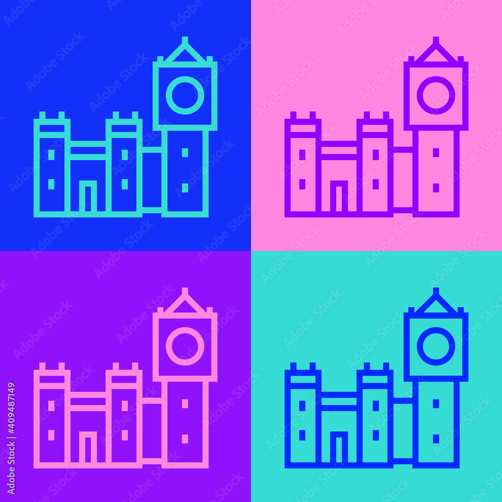 Pop art line Big Ben tower icon isolated on color background. Symbol of London and United Kingdom. Vector.