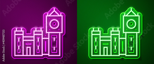 Glowing neon line Big Ben tower icon isolated on purple and green background. Symbol of London and United Kingdom. Vector.
