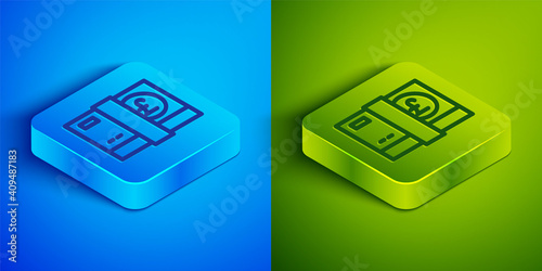 Isometric line Pound sterling money icon isolated on blue and green background. Pound GBP currency symbol. Square button. Vector.