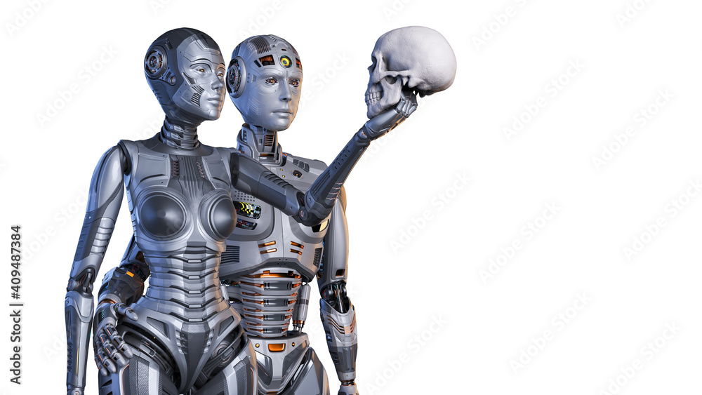 3d render of two detailed robots man and woman holding a human's skull while looking at it. Upper bodies isolated on white background with copy space for text