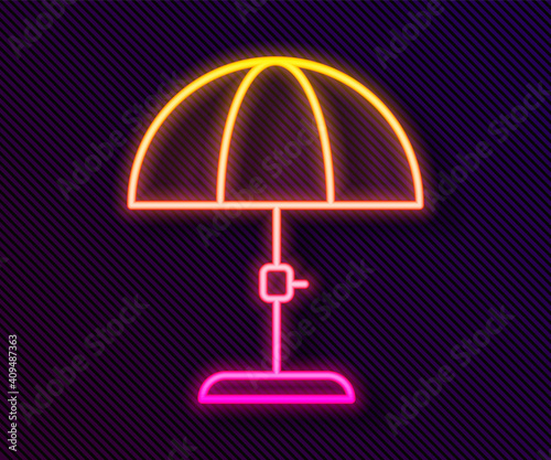 Glowing neon line Sun protective umbrella for beach icon isolated on black background. Large parasol for outdoor space. Beach umbrella. Vector.