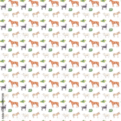 Watercolor seamless pattern with farm animals, colorful and bright surface pattern design. Great for paper, textile, fabric, packaging or scrapbook design. Digital paper. Cute farm animals for kids