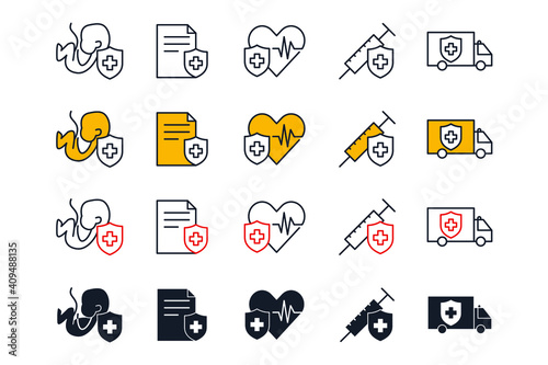 Health insurance coverage set icon. hospital and medical symbol pack vector illustration