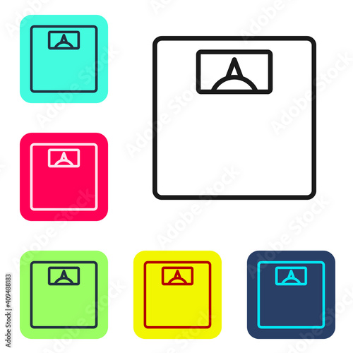 Free Download Black line Bathroom scales icon isolated on white background. Weight measure Equipment. Weight Scale fitness sport concept. Set icons in color square buttons. Vector. - GFXLoad