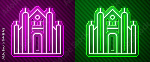 Glowing neon line Milan Cathedral or Duomo di Milano icon isolated on purple and green background. Famous landmark of Milan, Italy. Vector.