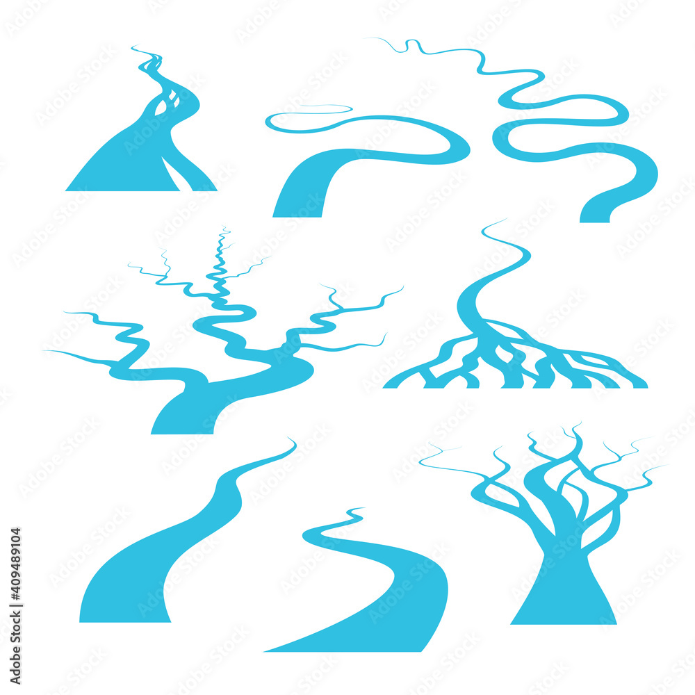 Meandrous river beds in perspective, wobbling river, bending stream or creek, various rivers vector illustration isolated on white
