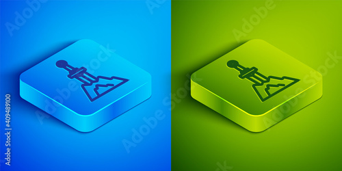 Isometric line Sword in the stone icon isolated on blue and green background. Excalibur the sword in the stone from the Arthurian legends. Square button. Vector.