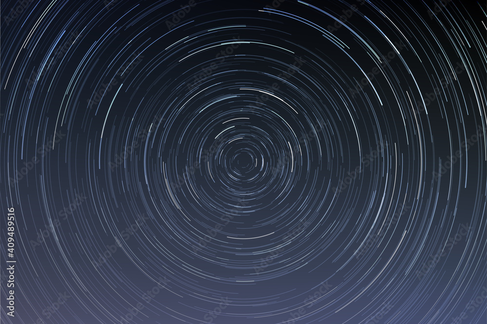 Obraz premium Star trails in a night sky, long exposure style realistic circular star arcs pattern, star motion due to Earth's rotation vector illustration