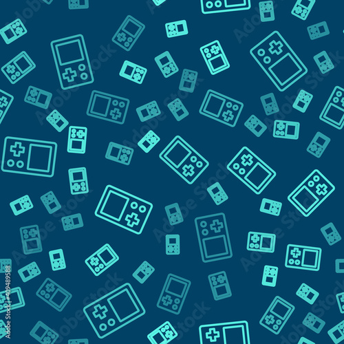 Green line Portable tetris electronic game icon isolated seamless pattern on blue background. Vintage style pocket brick game. Interactive playing device. Vector.